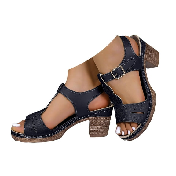 Mepaouo Womens Orthopedic Sandals Chunky Heel Summer Dress Pumps Platform Wedge Slip on Shoes Black 6.5