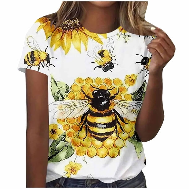 Tops de Cuello Redondo para Mujeres Casual de Moda Impresa Camiseta de Manga Corta Top 95% Poliéster 5% Elastano para Uso Diario Y de Fiesta