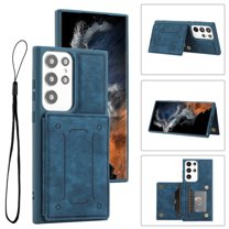 Dteck Case for Samsung Galaxy S23 Ultra,Magnetic Leather Card Slot Wallet Case Shockproof Rubber Kickstand Cover with Wrist Strap for Galaxy S23 Ultra,Blue