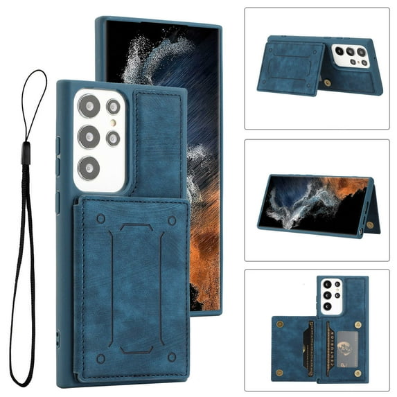 for Galaxy S23 Ultra Wallet Case with RFID Blocking Card Holder,Premium PU Leather Double Magnetic Buttons Stand Flip Wrist Lanyard Strap Back Cover Case for Samsung Galaxy S23 Ultra,Blue