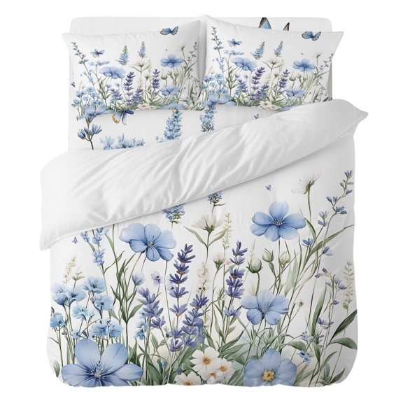 Spring Floral Twin Duvet Cover Set 4pcs Blue Wildflowers Lavender Field Butterfly Rustic Soft Cozy All Season Bed Sheet Set, 1 Duvet Cover 1 Sheet and 2 Pillowcases (No Comforter)