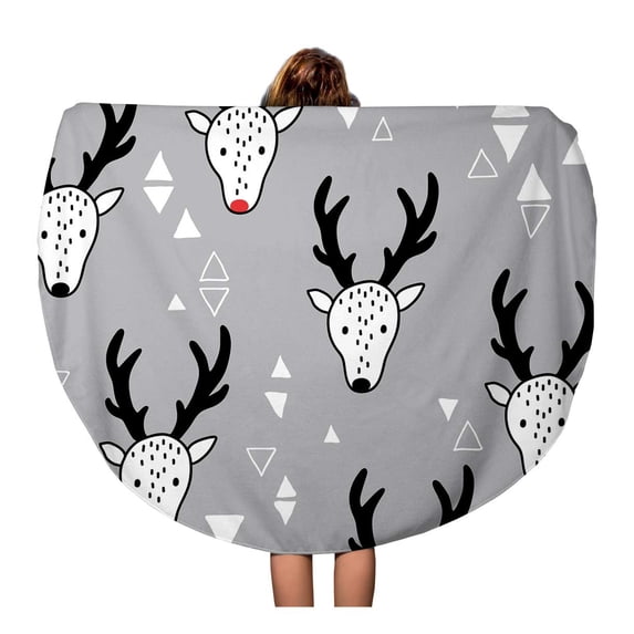 LADDKA 60 inch Round Beach Towel Blanket Doodle Deer Pattern Cute Geometric Girl Rudolph Winter Travel Circle Circular Towels Mat Tapestry Beach Throw