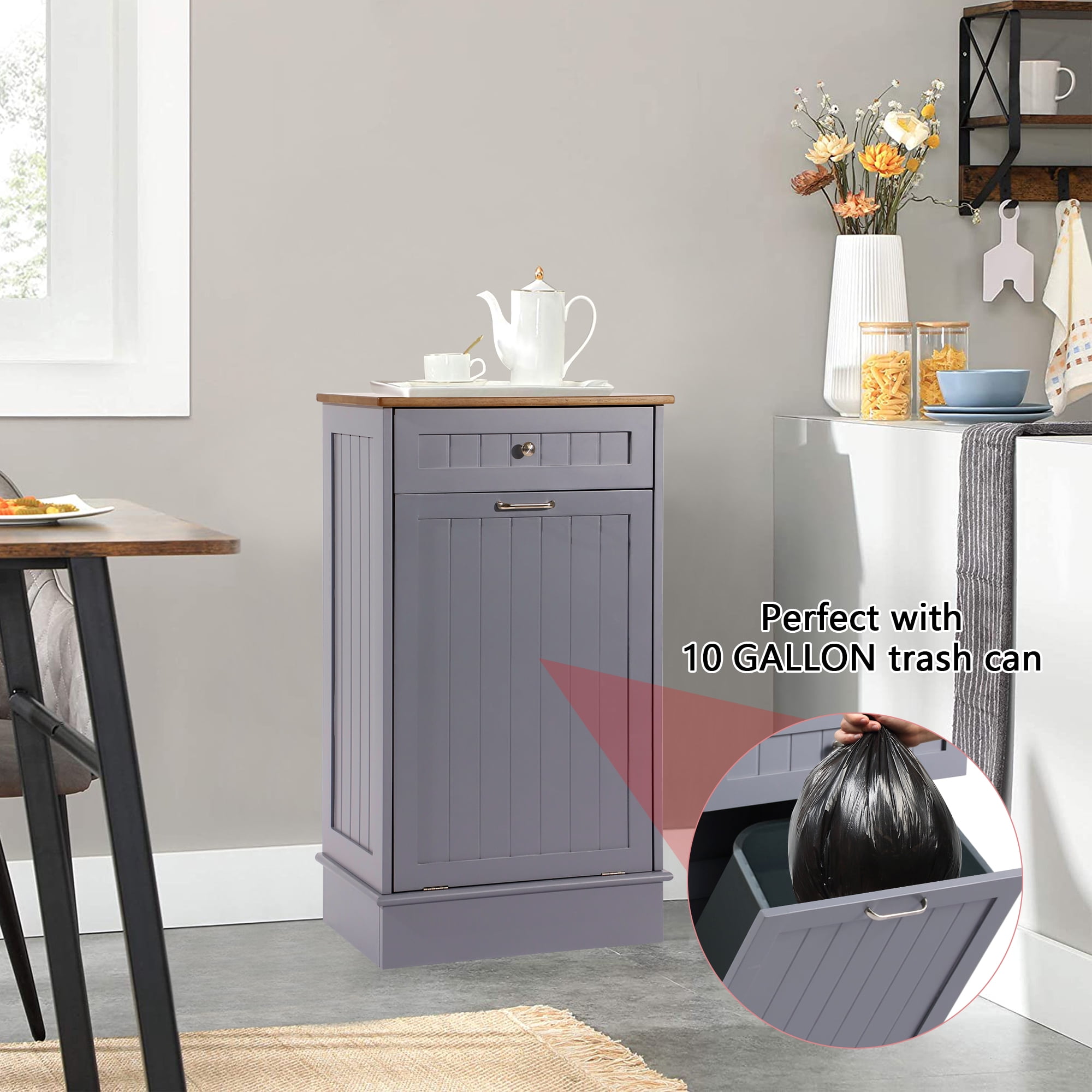 Kigoty Trash Cabinet, 10 Gallon Tilt Out Wood Trash Canbinet Garbage Hamper Pet Proof for Kitchen, ray