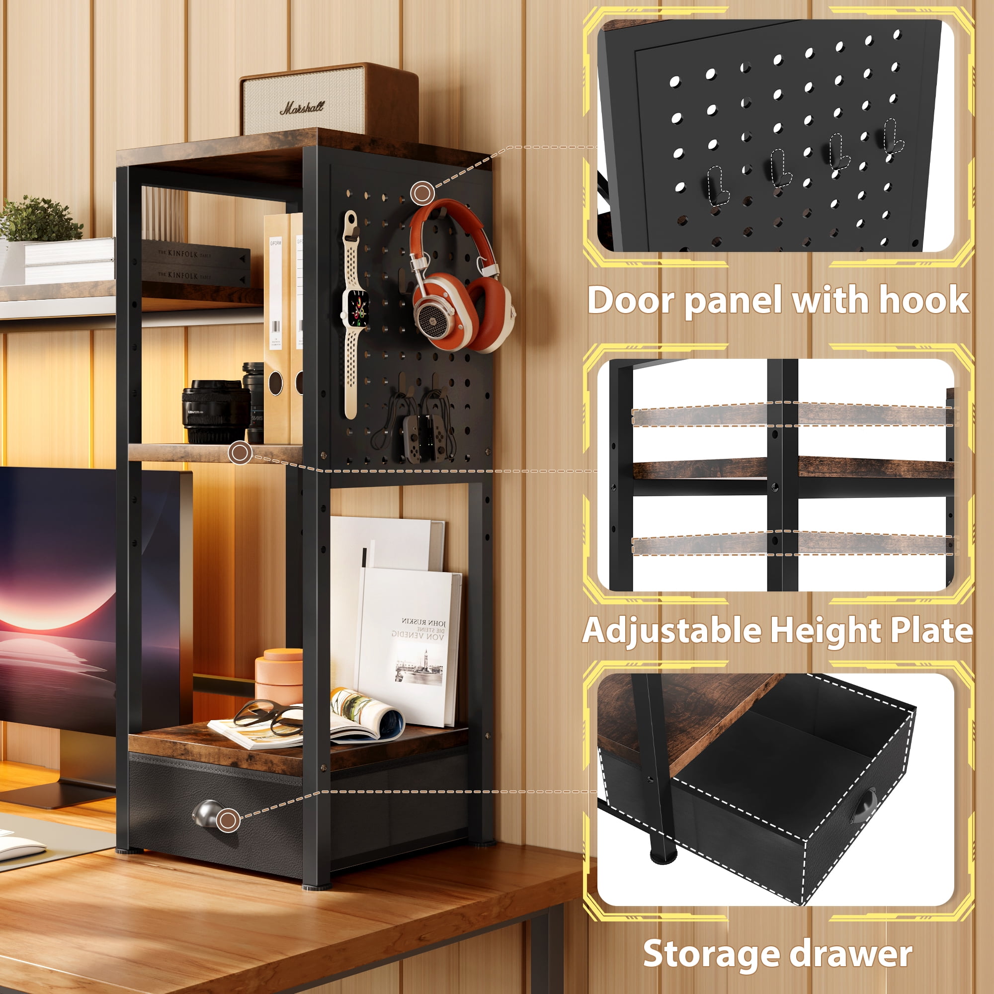 Desktop Bookshelf with Charging Station, LED Light & Adjustable Shelf, 3-Tier Desk Display Organizer for Office, Dorm, Living Room, Black