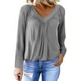 thumbnail image 2 of Miluxas Womens V Neck Long Sleeve Shirts Pleated Tops Fall Dressy Solid Color Casual Blouses Gray L(L), 2 of 8