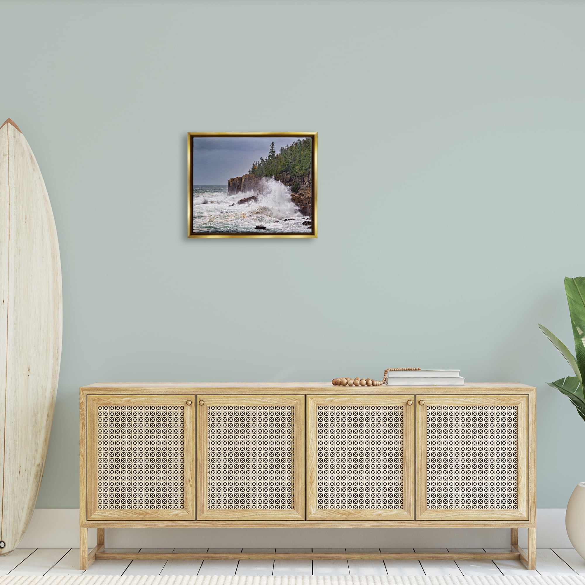 Stupell Crashing Ocean Waves Cliff Wall Landscape Photography Gold Floater Framed Art Print Wall Art