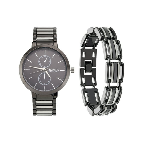 Jones New York Men's Quartz Movement Analog Watch And Bracelet Set, Black/Silver