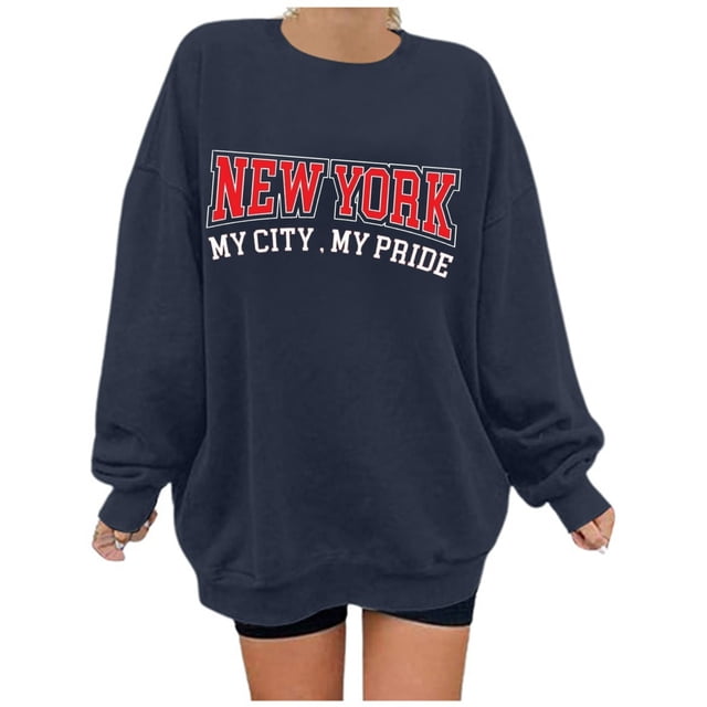 Wyzesi Sweatshirts pour Femmes Hoodies Graphiques Mode Décontractée Imprimé Lettre New York Couleur Unie Col Rond Manches Longues Sweatshirt Léger Hoodie Tunique avec Poches