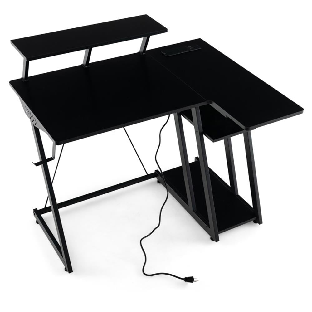 Demi Bonn L Shaped Gaming Desk with Outlets and USB Ports, Small Home Office Desk Study Writing Table, Black
