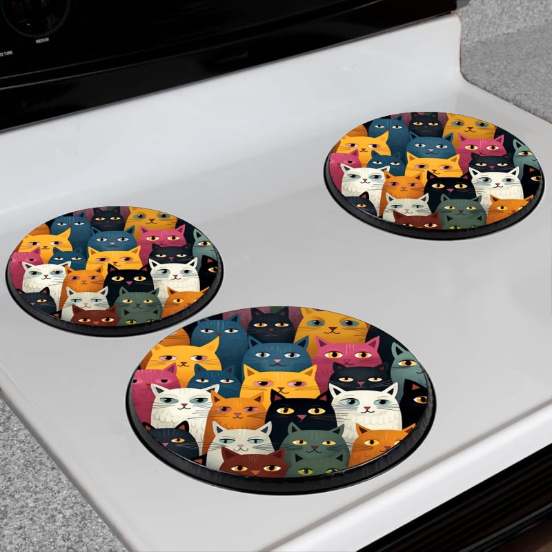 Bahomeck Electric Stove Burner Covers Set Of 4,Group Of Cats All Different Colors Metal Gas Stove Burner Covers,Protecting Gas Stoves,8 Inch And 10 Inch