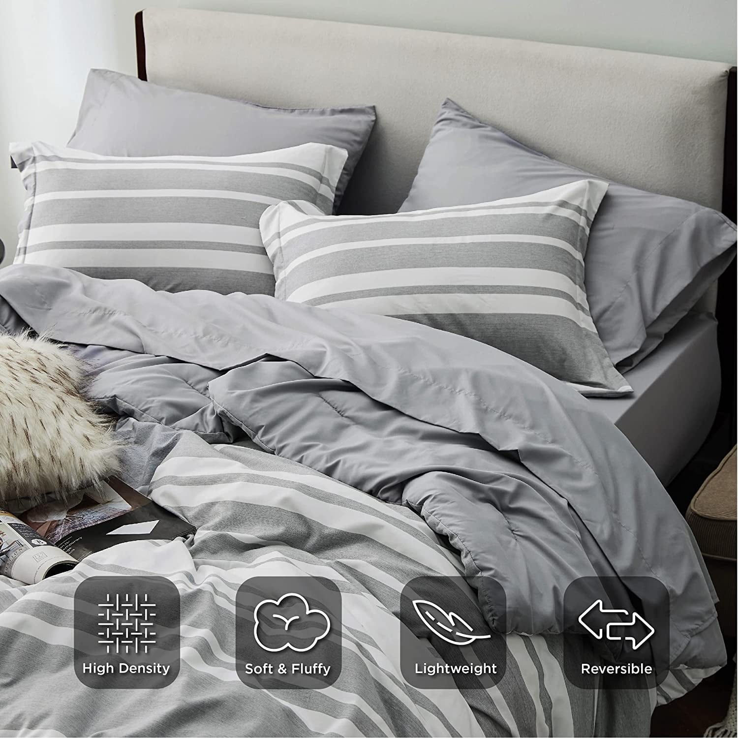 Cozy Comfort 7-Pieces Grey White Striped Comforter Bed-in-a-Bag, Queen