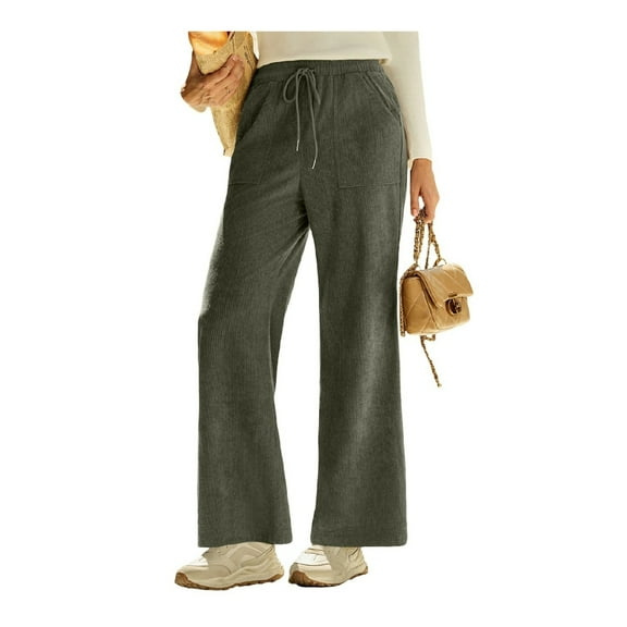 Mohiass Wide Leg Corduroy Pants Women Drawstring High Waisted Business Casual Work Trousers Vintage Dress Pants with Pockets Army Green XL
