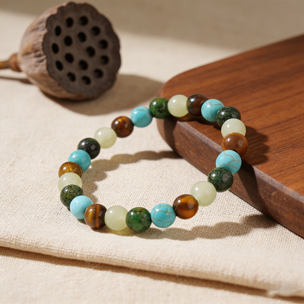 Multi-Color Natural Stone Beaded Bracelet for Women and Men, Turquoise Tiger Eye Jade Healing Energy Meditation Jewelry Gift