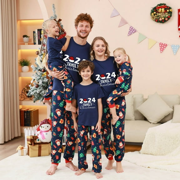 Zwiiyzr Christmas Pajamas for Family for Dad Matching Family Sets Christmas Print Casual Short Sleeve Top With Bottom Outfits Home Wear 2025 Blue