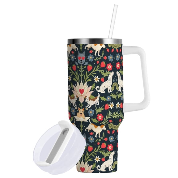 Yayeee 40oz Stainless Steel Tumbler with Straw and Handle Double-Wall Insulated Travel Water Bottle, Floral Dogs Pattern