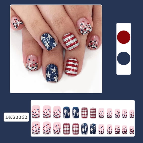 FEOLGEHLY 4th of July Press on Nails Short for Women, 24Pcs Cute Short Square Fake Nails, Independence Day Flag Nail Art, Easy Apply & Removable, Perfect for Parties & Holiday Nail Decoration