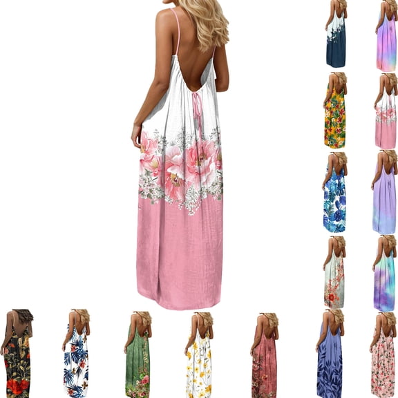 Elvqul Womens Maxi Dress Flowy Summer Dresses Pullover Tunic Boho Holiday Sleeveless Dress for Women Scoop Neck, Sizes S-5X