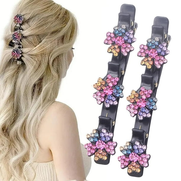 2 pinzas para el pelo trenzadas con piedras de cristal brillantes, 2024 nuevas bandas para el pelo de tela satinada con diamantes de imitación y trébol de cuatro hojas, pinzas con forma de pico de pat