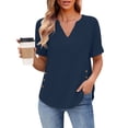 thumbnail image 7 of VBVC Women's Cotton-Linen V-Neck Blouse, Ladies' Rolled Cuff Short Sleeve Side Shirt, Button Detail Summer Tunic Top For Women,Navy,S-2XL, 7 of 7