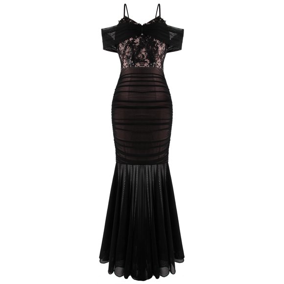 ANGEL FASHIONS Women Spaghetti Strap Ruched See Through Black Dress Medium
