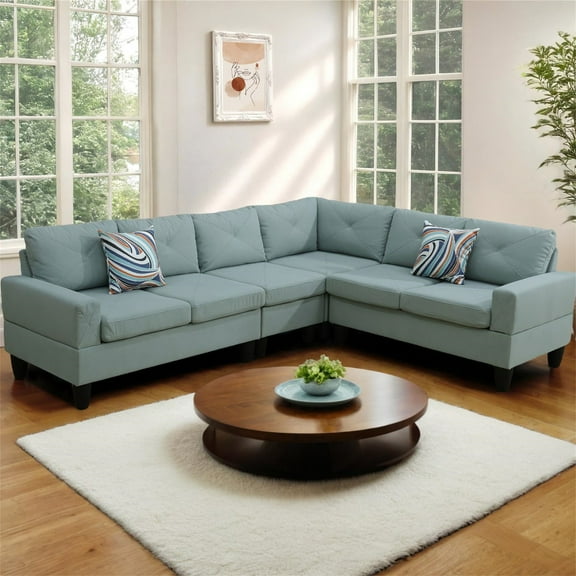 Aukfa 6-Seater L Shaped Sectional Sofa Modular Couch for Living Room, 2Pillows, Flannel, Pale Green