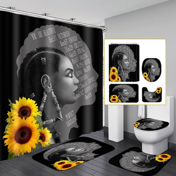 4Pcs Sunflower Black Girl Shower Curtain Set, African American Queen Shower Curtains for Bathroom, Afro Floral Girl Bathroom Sets with Shower Curtain with Rugs Toilet Lid Cover Bath Mat and Hooks