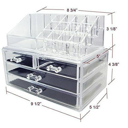 Clear Acrylic Cosmetics Makeup Organizer 4 Drawers with 16 Compartments Top Section