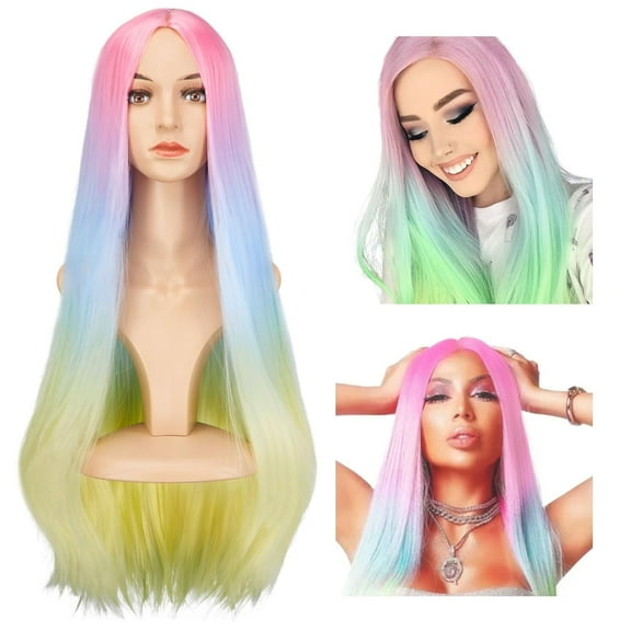 AGPTEK Full Long Curly Wavy Rainbow Hair Wig, Heat Resistant Wig for Music Festival, Theme Parties, Wedding, Concerts, Dating, Cosplay & More