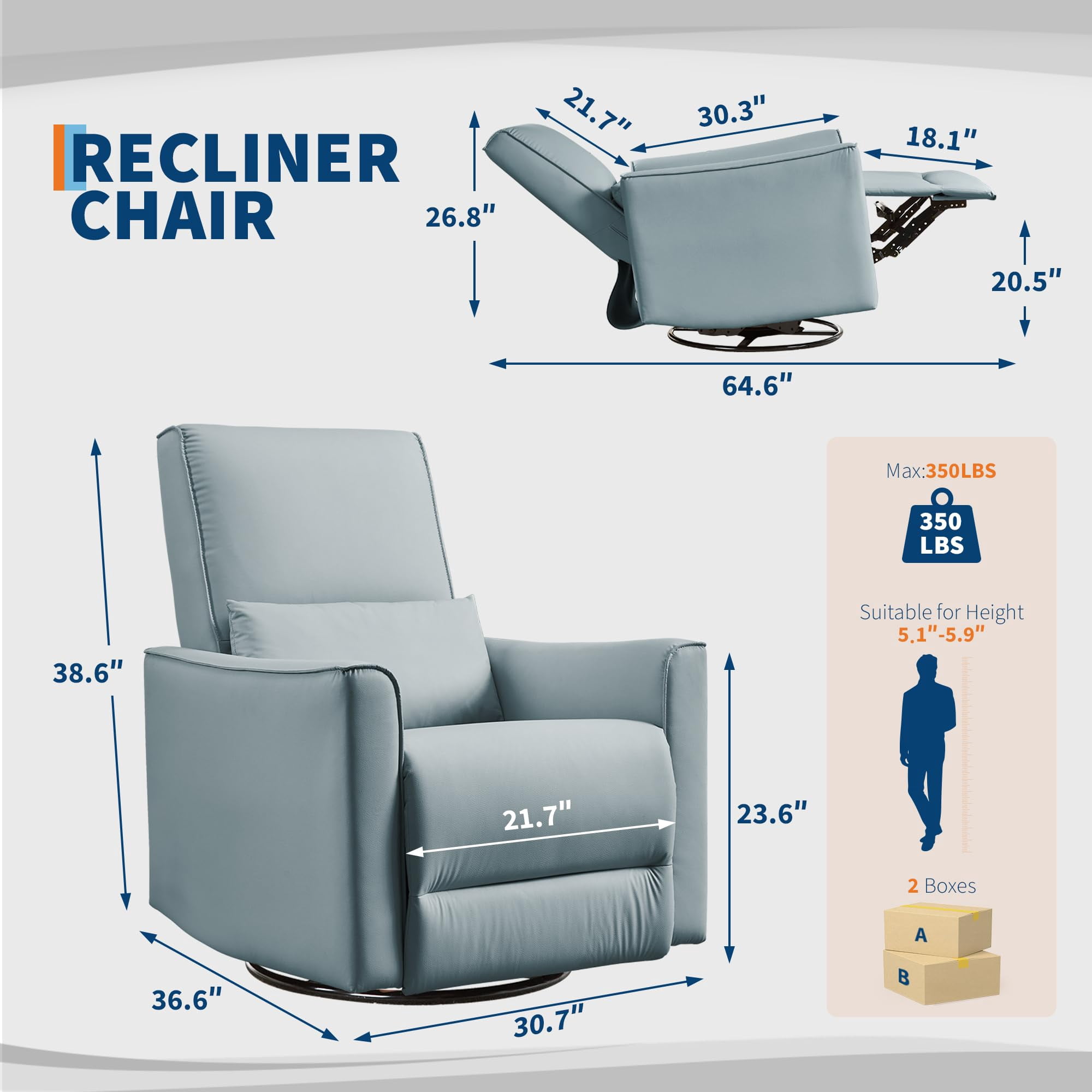 Swivel Rocking Recliner Chair, 360° Leather Recliner with Adjustable Backrest Rocker Recliner Glider Deep Seat PU Leather Sofa Chair with high Backrest for Living Room, Bedroom,Nursery