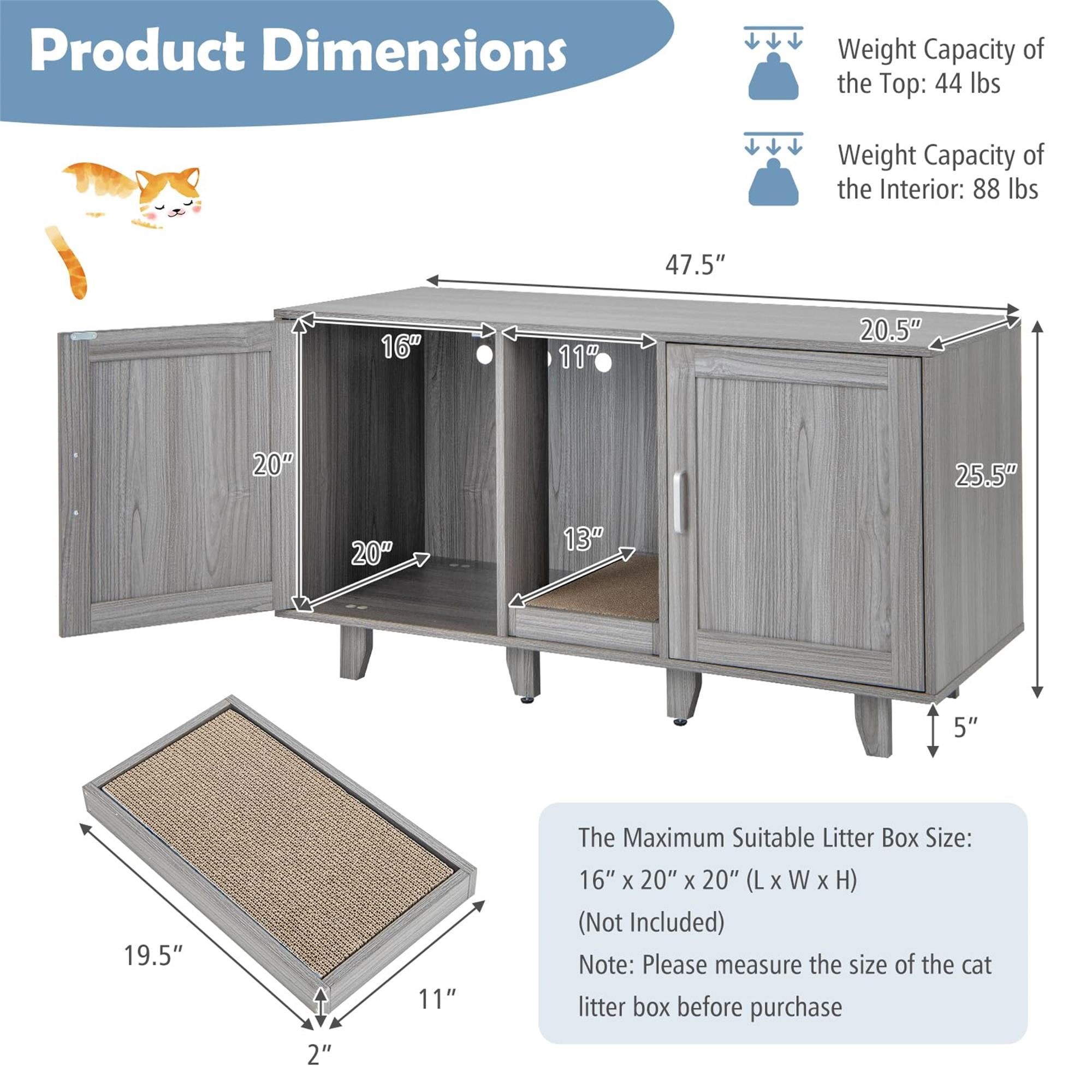 resenkos 47" Litter Box Enclosure for 2 Litter Boxes, Hidden Cat Washroom with 2 Cabinet House, Scratching Board, Indoor Cat Litter Furniture, Dark Gray