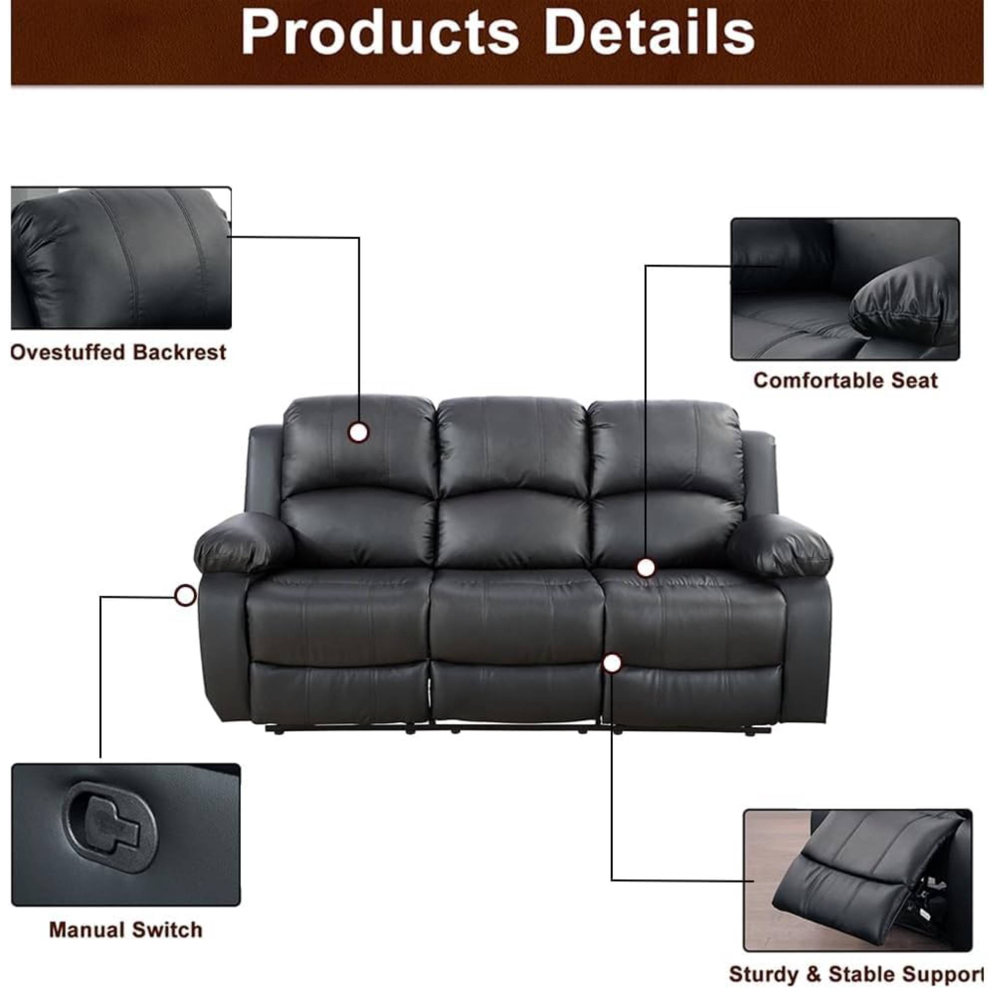 TrumanPick Manual Leather Recliner Chair,3 Seats Overstuffed Rocker Armchair Home Theater Sofa Recliner for Living Room,Black