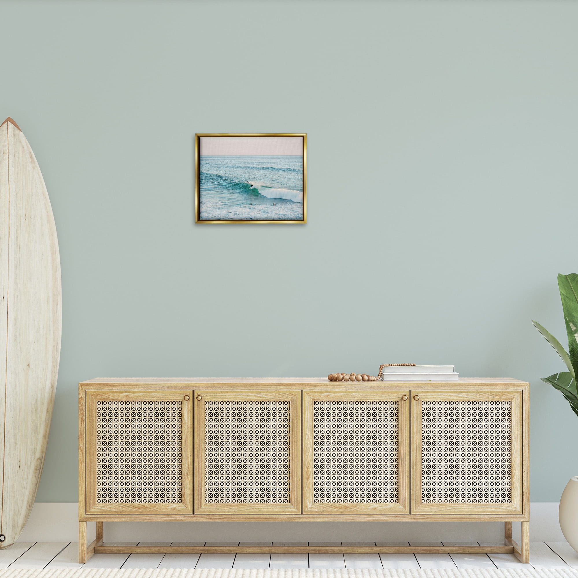 Stupell Industries Surfers Riding Waves Landscape Photography Gold Floater Framed Canvas Art Print Wall Art, 21 x 17