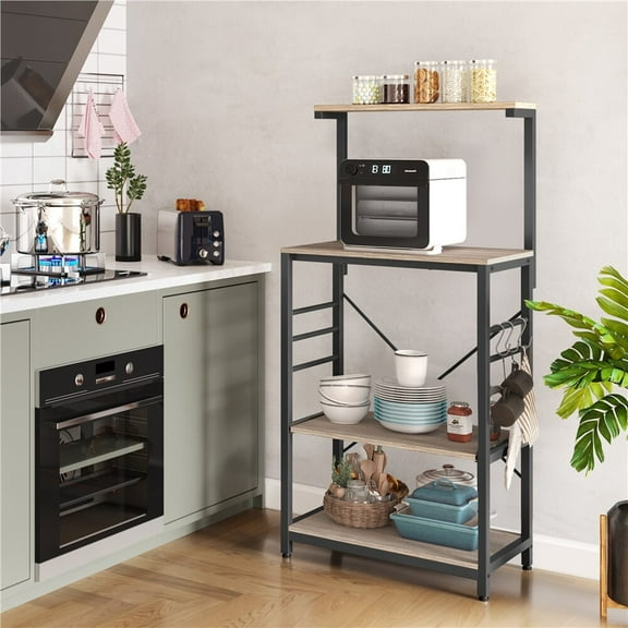 REKHH  Bakers Rack on Wheels(16D x 24W x 50H Inches), Microwave Stand Cart Coffee Bar Stand with 6 Hooks, Kitchen Utility Storage Cart with Spice Rack,Gray