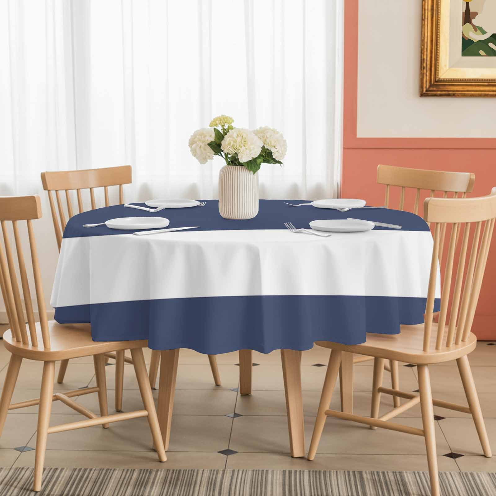 Round Tablecloth Coastal Nautical Striped Waterproof Oil Proof Polyester Table Cloth Cover Decor for Home Dining Outdoor,Patio,Parties, 60" Dia. Navy Blue White
