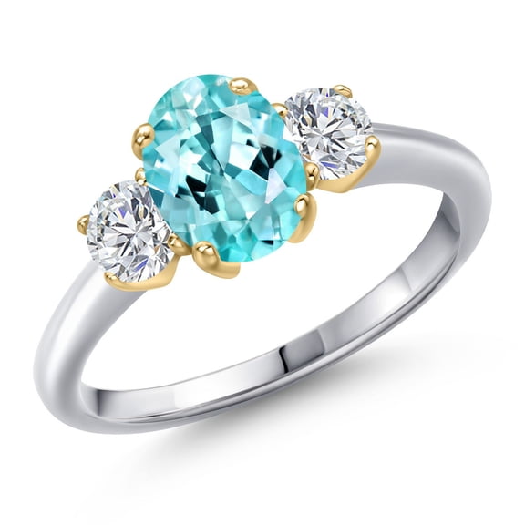 Gem Stone King 10K Two Tone Gold Blue Apatite and Lab Grown Diamond Engagement Ring for Women | 1.74 Cttw | Oval 8X6MM | Gemstone Birthstone | Size 6