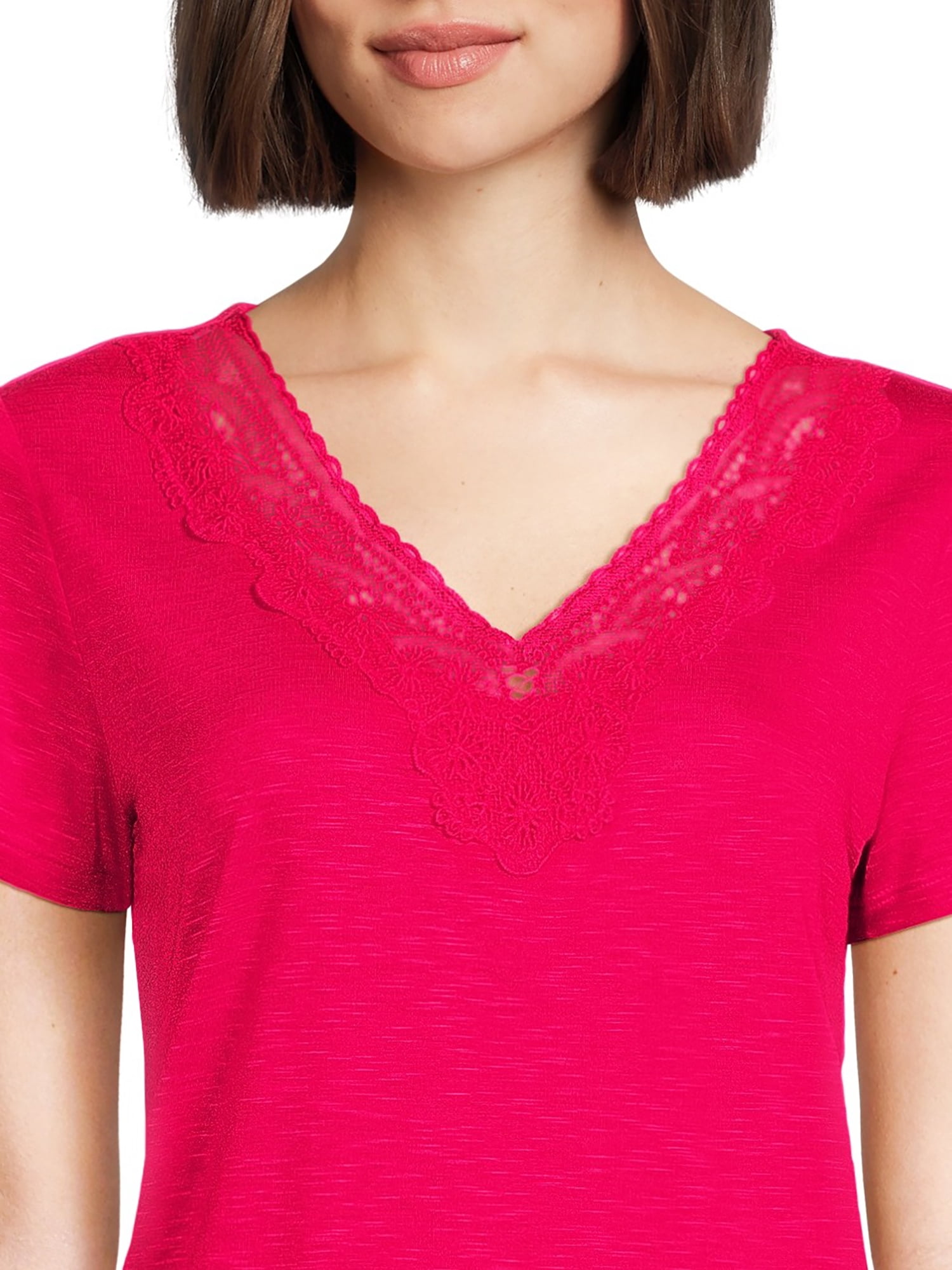 RealSize Women's Lace V-Neck Tee with Short Sleeves, Sizes XS-XXXL