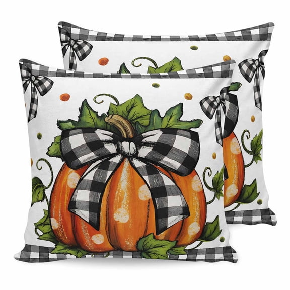 Pillow Covers 20x20 Set of 2, Orange Pumpkins Throw Pillow Covers Decorative Couch Cushion Cover, Polka Dot Bow Fall Maple Leaves Plaid Microfiber Soft Square Pillowcases for Bedroom Living Room Sofa