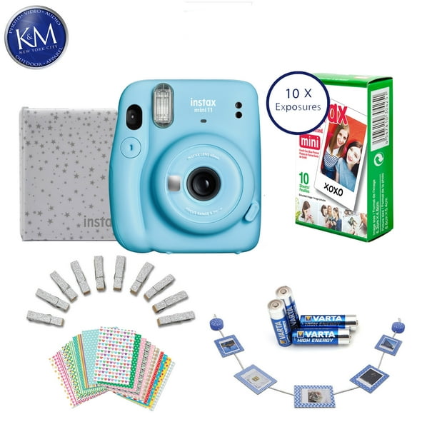 Fujifilm Instax Mini 11 Instant Film Camera Sky Blue 10 Fresh Exposures Batteries Glitter Pegs Frame Stickers Wood Photo Holder Photo Album Walmart Com Walmart Com