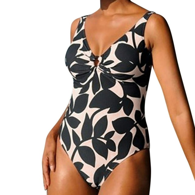 Gibobby Batas de baño mujeres spa Traje de baño sexy con cintura conservadora para mujer Traje de baño con estampado de hojas Bikini Trajes de baño de un(Negro,G)