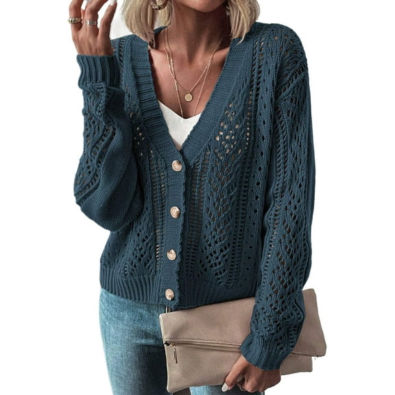 Women's Real Teal Open Knit Drop Shoulder Sweater Cardigan