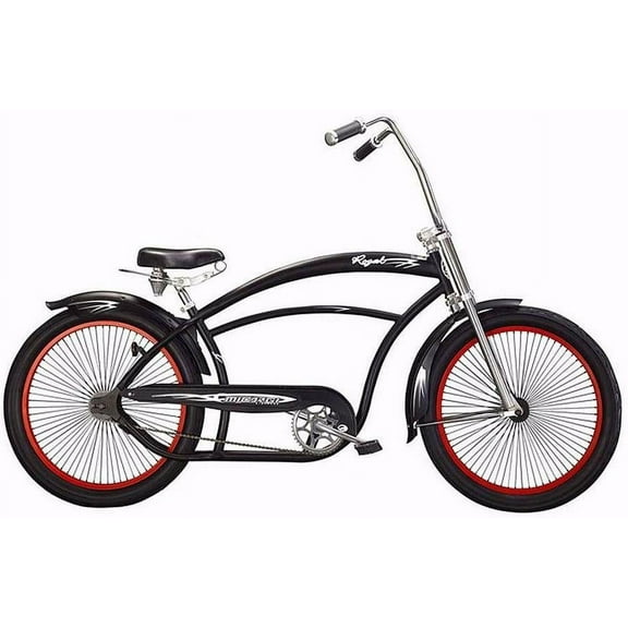 Wonder Wheels 24" Chopper Over Size Frame Coaster Brake Single Sp Black Spokes One Piece Crank Triple Tree Fork Alloy Red Rims 68H Black Tire 24X3.0-F & R - Matte Black