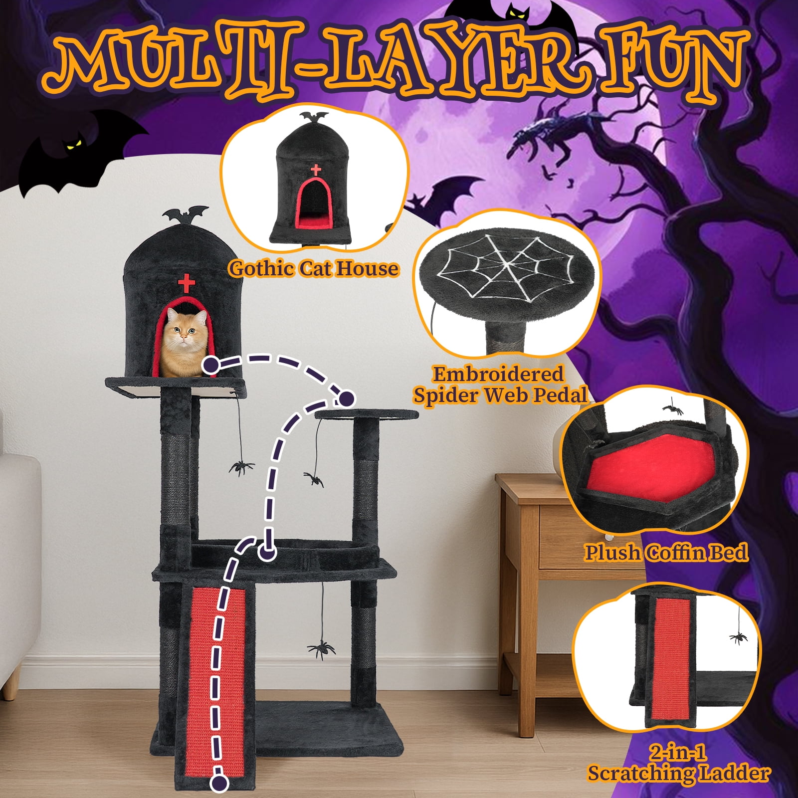 Ktaxon Large Halloween Cat Tree w/ Coffin Hideout & Scratcher, 2-Level for Large Cats, Black Red