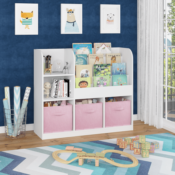 Miniyam Bookshelf with Storage Bins, Book Display, Anti-Tip for Kids, Pink