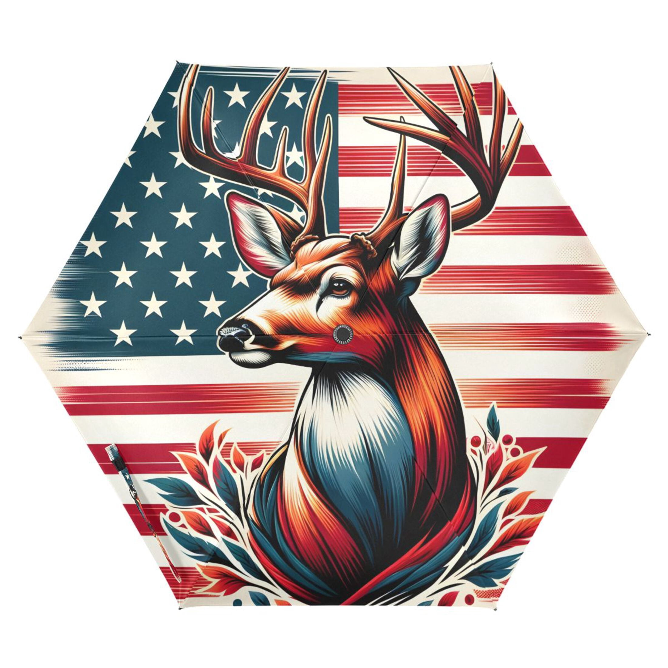 Beautiful Deer with American Flag Compact Sun Umbrella Windproof Travel Umbrellas for Rain Strong Portable UV Protection