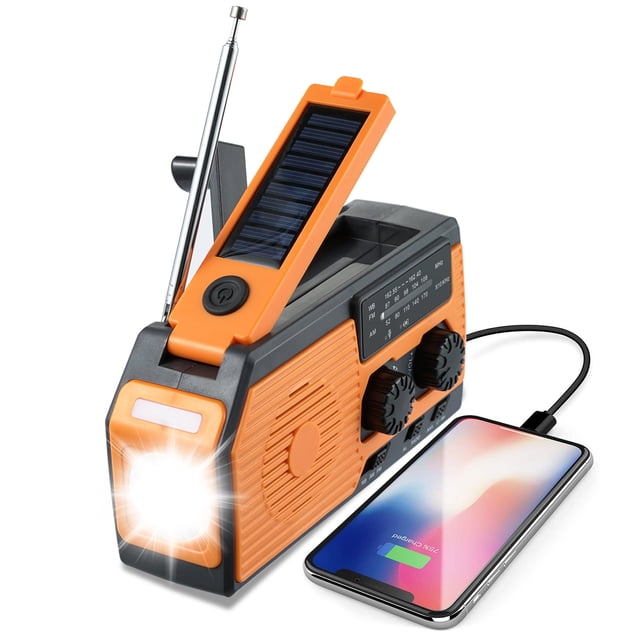 Solar Powered, Handheld Emergency Radio - 5000 mAh - Power Bank Power Display - Portable Radio - Orange