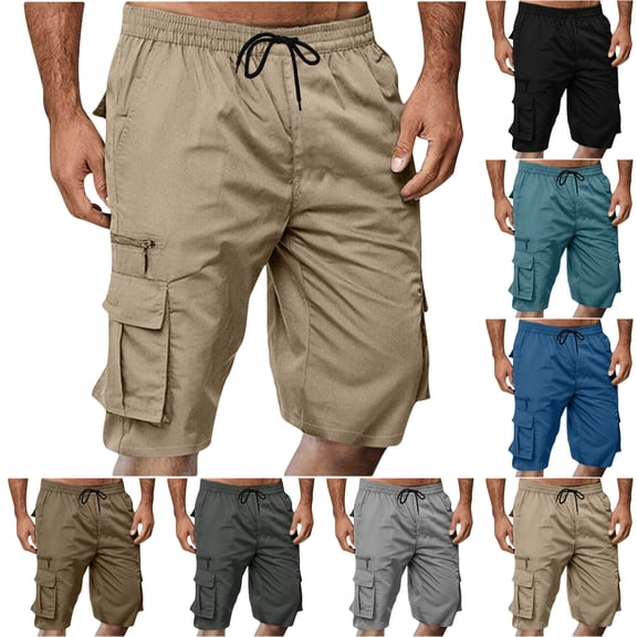 LIBRCLO Mens Cargo Shorts Drawstring Elastic Waist Half Shorts with Multi Pockets Solid Color Straight Casual Summer Bottoms