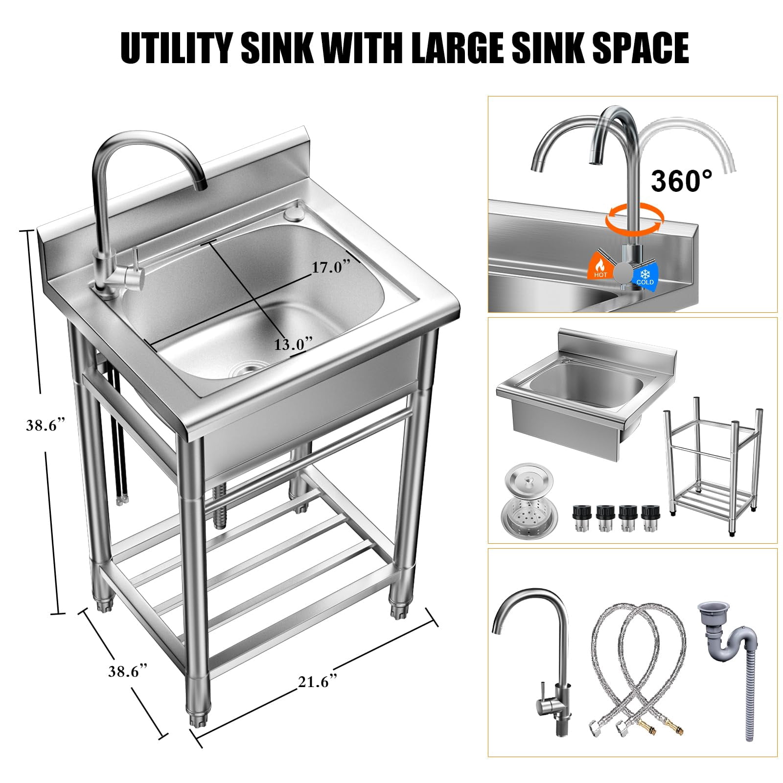 AiYchen Utility Sink, Stainless Steel Sink, Single Bowl Freestanding Sink Kitchen Sinks with Hot & Cold Hoses Outdoor Sink for Laundry Garden Garage Commercial Restaurant