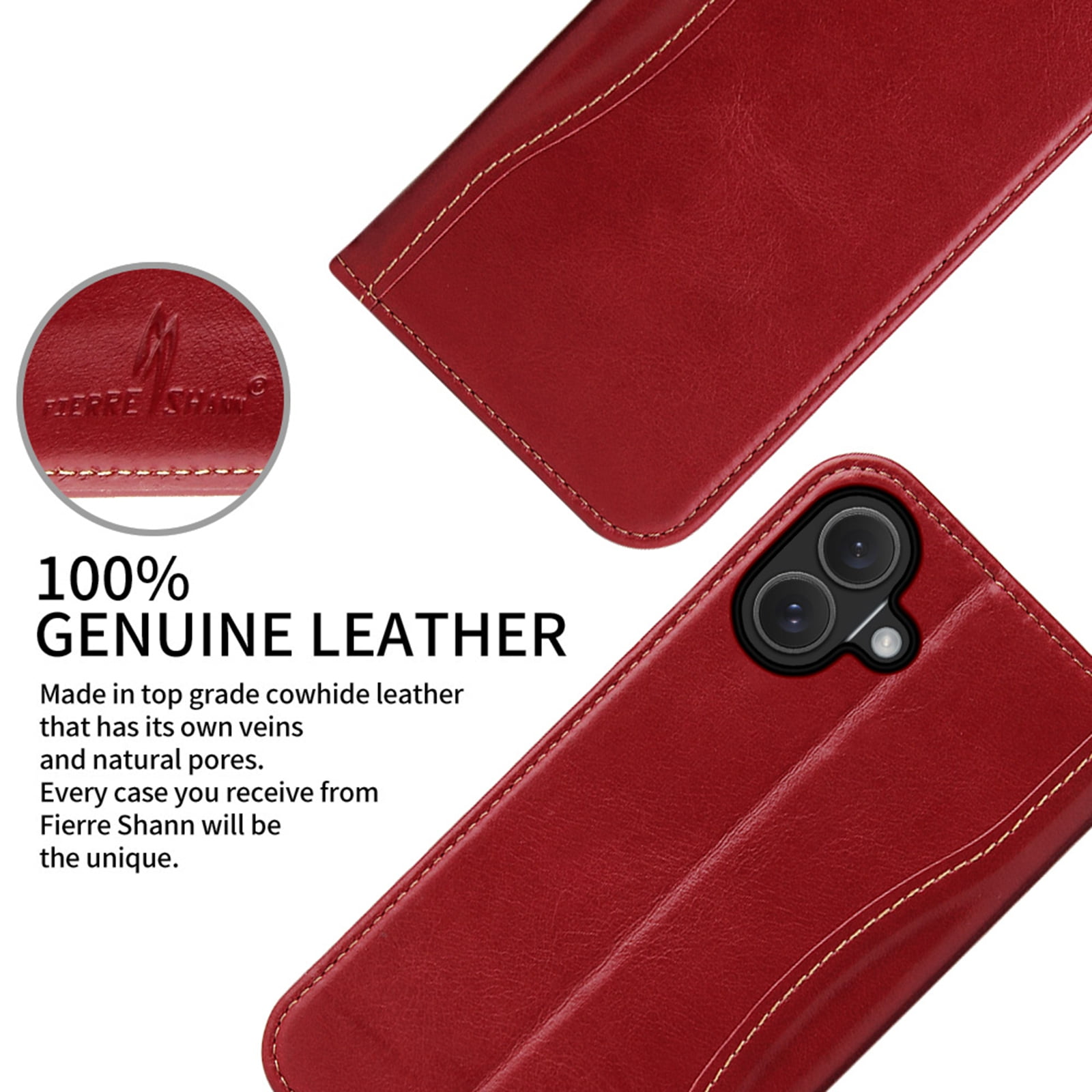 TECH CIRCLE for iPhone 17 Classic Wallet Case, Genuine Leather Magnetic Closure Book Folding Flip Leather Case with Card Holder Kickstand TPU Shockproof Protective Phone Cover,Red