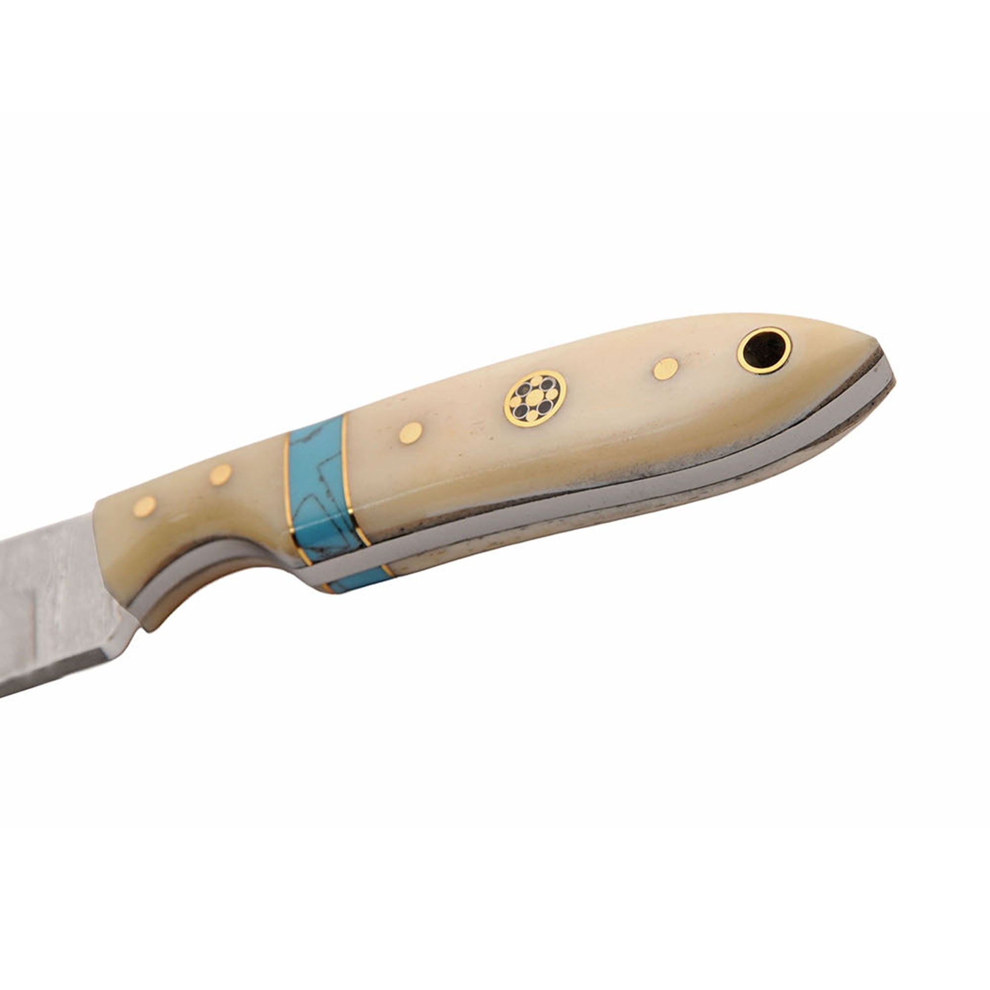 SANZ Tooth Bone 7.25 Inch Decorative Display Utility Knife Damascus Pattern Blade Bone Handle with Leather Sheath