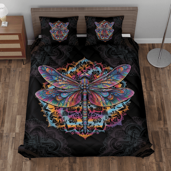 Lotusprinthandmade Colorful Dragonfly Quilt Bedding Set, Fold Hem, 60x70